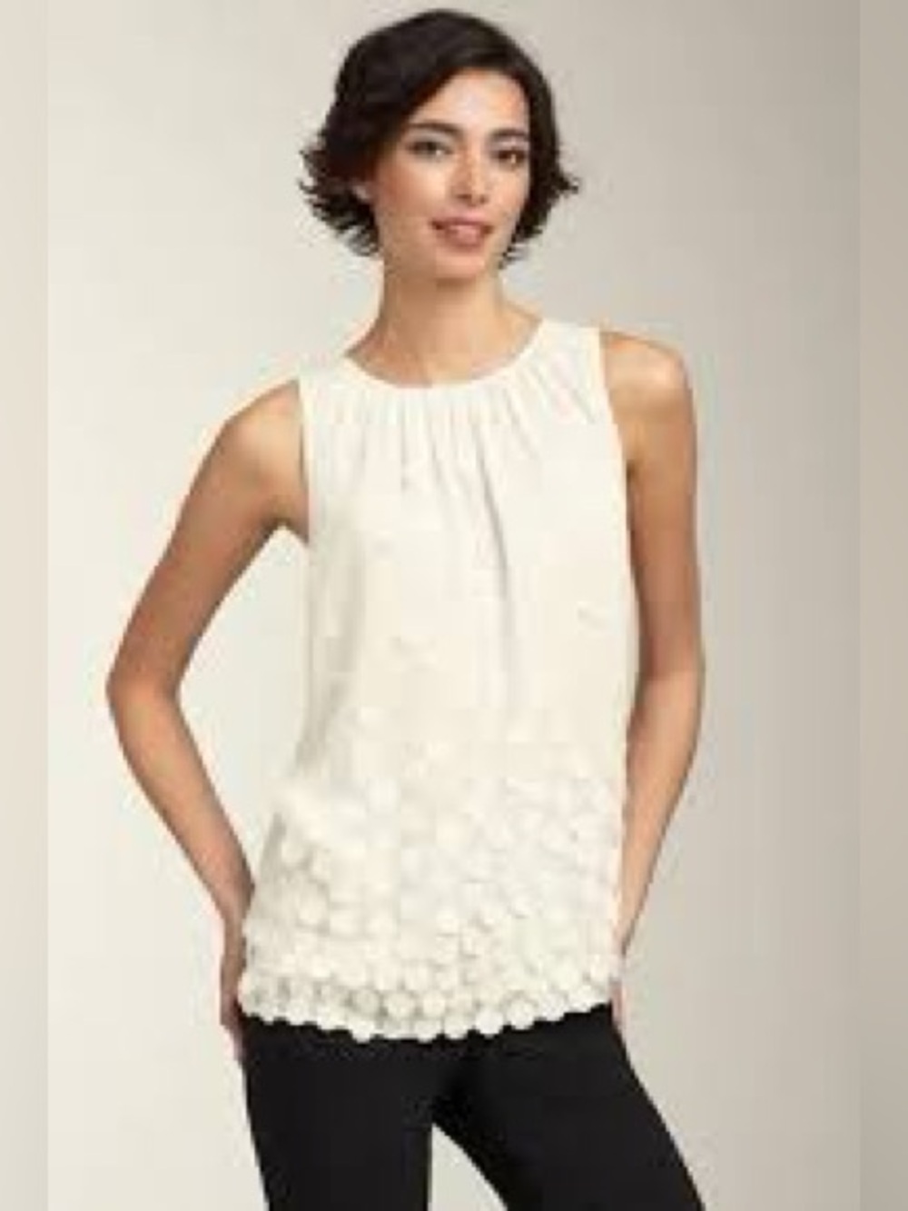 NWOT Talbots cream sleeveless top w/ fabric paillettes & button hole back